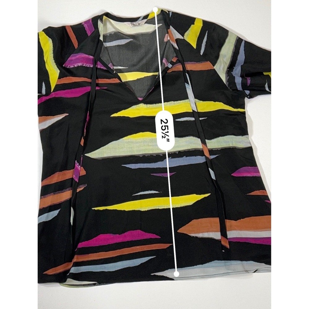 Tucker Silk Blouse M Black Multicolor Abstract Art to Wear Tie Neck - Picture 9 of 16